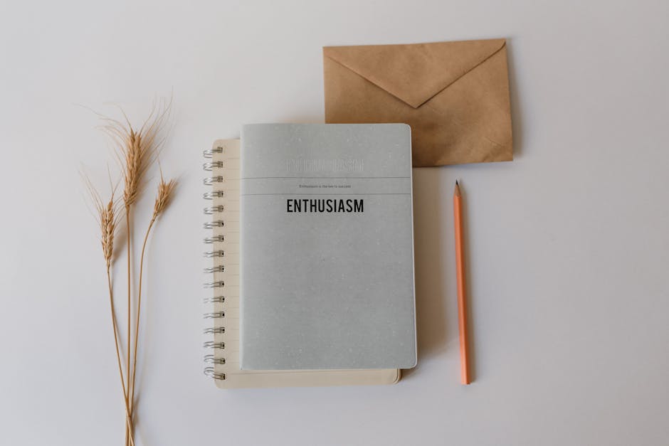 Minimalist flat lay featuring a notebook, pencil, envelope, and wheat on a white background.